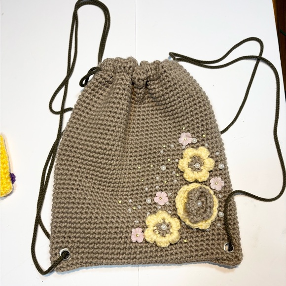 Handbags - Handmade Crochet Tan backpack flowers